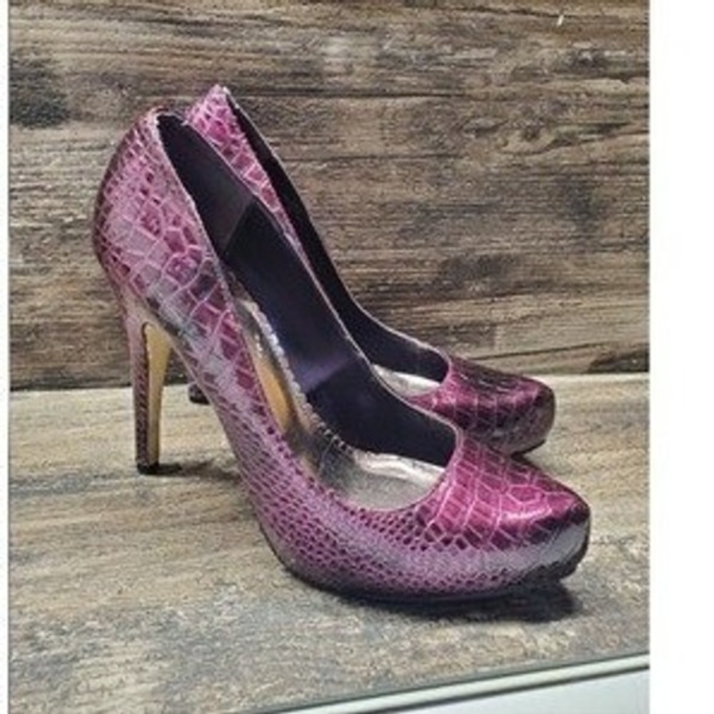 JOEY O Crocodile‎ Embossed Platform Stilettos Purple Patent Leather High Heels
